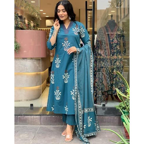 GoSriKi Women's Rayon Blend Straight Printed Kurta with Pant & Dupatta (Jimny Blue-GS_XXL_Blue_XX-Large)