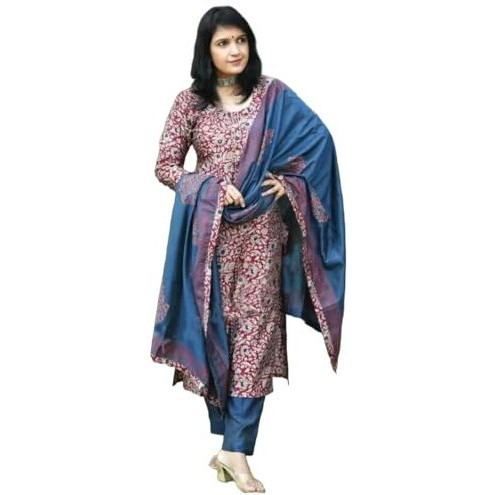 GoSriKi Women's Rayon Blend Straight Printed Kurta with Pant & Dupatta (Parimat Red-GS_XXL_Red_XX-Large)