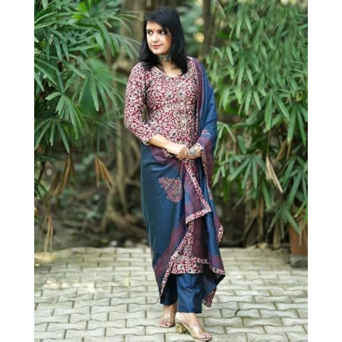 GoSriKi Women's Rayon Blend Straight Printed Kurta with Pant & Dupatta (Parimat Red-GS_XXL_Red_XX-Large)