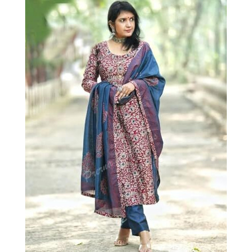 GoSriKi Women's Rayon Blend Straight Printed Kurta with Pant & Dupatta (Parimat Red-GS_XXL_Red_XX-Large)