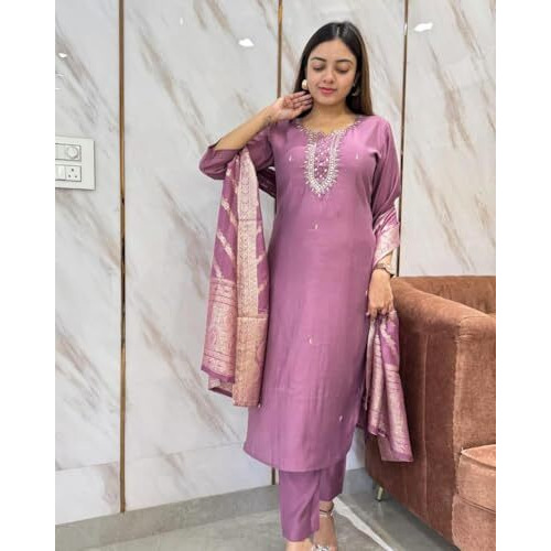 GoSriKi Women's Rayon Blend Embroidered Straight Kurta with Pant & Dupatta (Nagari Purple-GS_XL_Purple_X-Large)