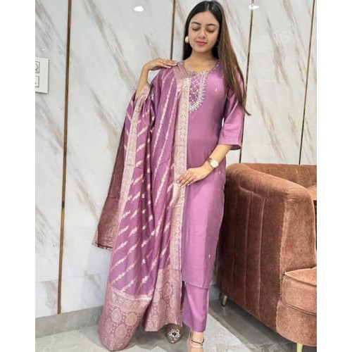 GoSriKi Women's Rayon Blend Embroidered Straight Kurta with Pant & Dupatta (Nagari Purple-GS_XL_Purple_X-Large)