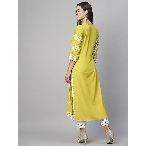 GoSriKi Women's Cotton Blend Chikankari Embroidered Straight Kurta (STHO-Yellow-GS_4XL_Yellow_XXXX-Large)
