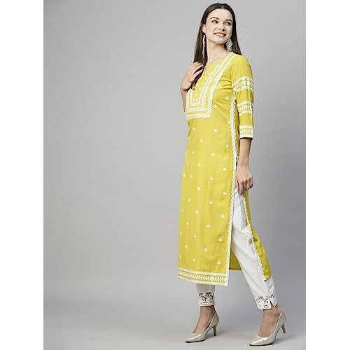 GoSriKi Women's Cotton Blend Chikankari Embroidered Straight Kurta (STHO-Yellow-GS_4XL_Yellow_XXXX-Large)