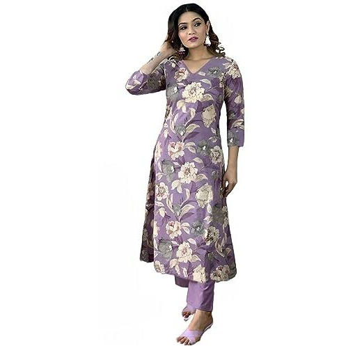 GoSriKi Women's Rayon Straight Printed Kurta with Pant Set (DHUN Purple-GS_XXL_Purple_XX-Large)