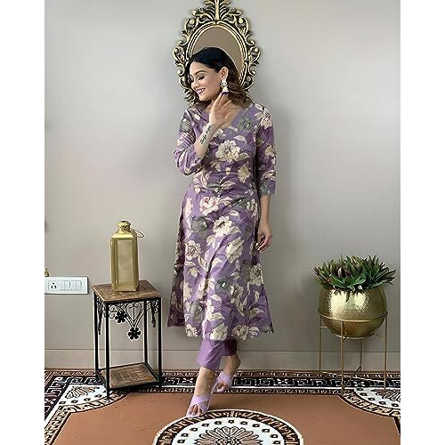 GoSriKi Women's Rayon Straight Printed Kurta with Pant Set (DHUN Purple-GS_XXL_Purple_XX-Large)