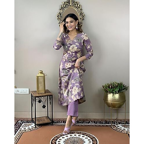 GoSriKi Women's Rayon Straight Printed Kurta with Pant Set (DHUN Purple-GS_XXL_Purple_XX-Large)