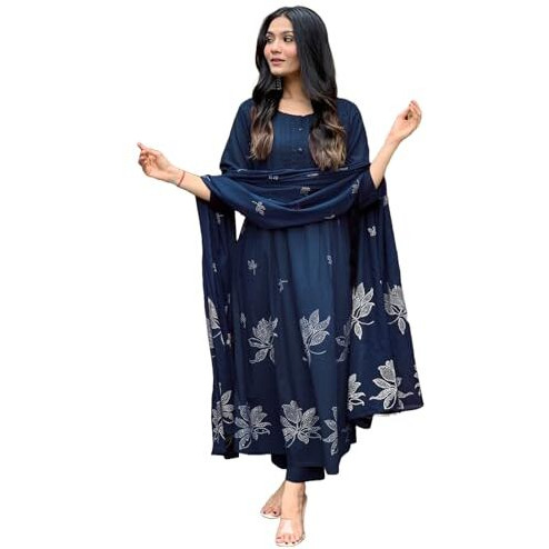 GoSriKi Women's Rayon Viscose Anarkali Printed Kurta with Pant & Dupatta (Gangori Kerosin-GS_XXL_Dark Blue_XX-Large)