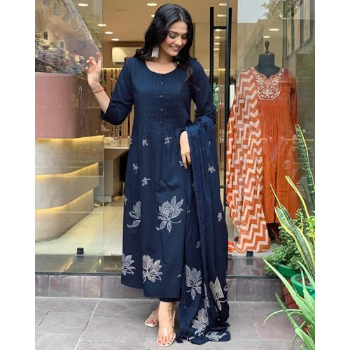 GoSriKi Women's Rayon Viscose Anarkali Printed Kurta with Pant & Dupatta (Gangori Kerosin-GS_XXL_Dark Blue_XX-Large)