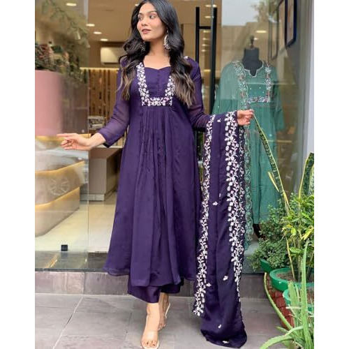 GoSriKi Women's Rayon Blend A-Line Printed Kurta with Pant & Dupatta (VANISRI BEGANI-GS_XXL_Begani_XX-Large)