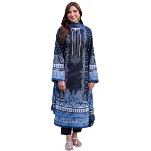 GoSriKi Women's Rayon Viscose Printed Straight Pakistani Suits for Women Kurta Set (Deniz Blue-GS_M_Blue_Medium)