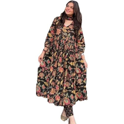GoSriKi Women's Rayon Blend Anarkali Printed Kurta with Palazzo & Dupatta (CIA Black-GS_M_Black_Medium)