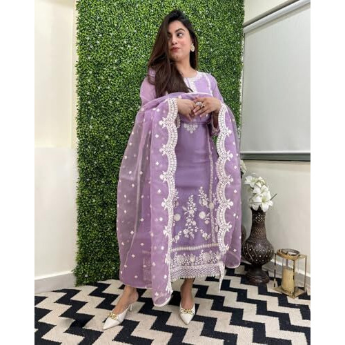 GoSriKi Women's Rayon Blend Straight Embroidered Kurta with Pant & Dupatta (Rosewood Purple-GS_3XL_Purple_XXX-Large)