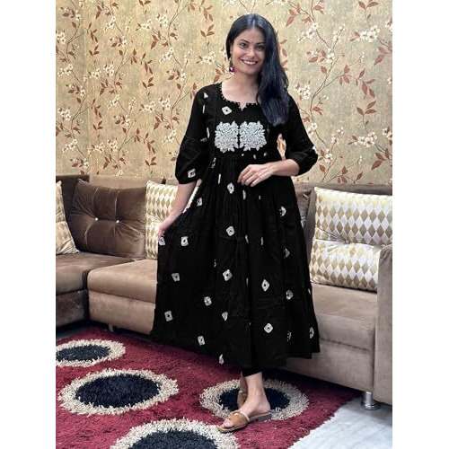 GoSriKi Women's Rayon Blend Anarkali Printed Kurta with Pant (ANVESHI Black-GS_XL_Black_X-Large)