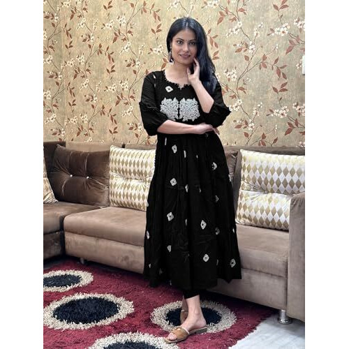 GoSriKi Women's Rayon Blend Anarkali Printed Kurta with Pant (ANVESHI Black-GS_XL_Black_X-Large)
