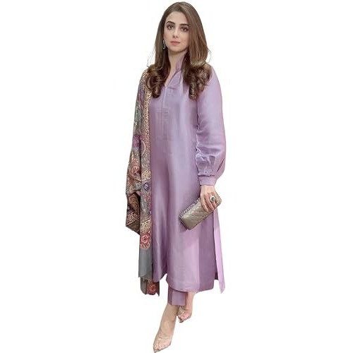 GoSriKi Women's Rayon Viscose Solid Straight Pakistani Kurta with Pant & Dupatta (Mawra Purple-GS_L_Purple_Large)