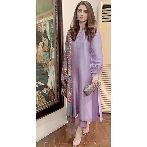 GoSriKi Women's Rayon Viscose Solid Straight Pakistani Kurta with Pant & Dupatta (Mawra Purple-GS_L_Purple_Large)