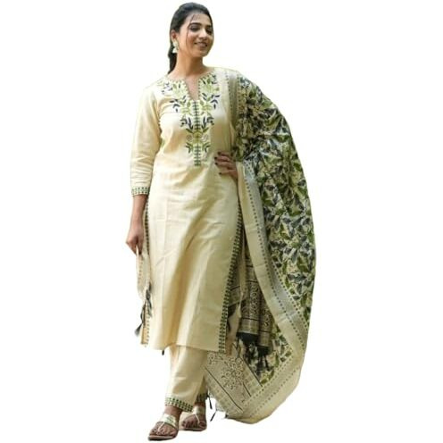 GoSriKi Women's Rayon Blend Straight Embroidered Kurta with Pant & Dupatta (Pamposh Cream-GS_XXL_Cream_XX-Large)