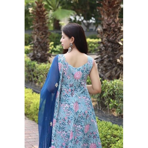 GoSriKi Women's Cotton Blend Anarkali Printed Kurta with Pant & Dupatta (GOANNI Blue-GS_XL_Blue_X-Large)