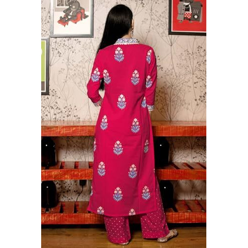 GoSriKi Women's Rayon Viscose Printed Straight Kurta with Pant & Dupatta (Belagavi Pink-GS_M_Pink_Medium)