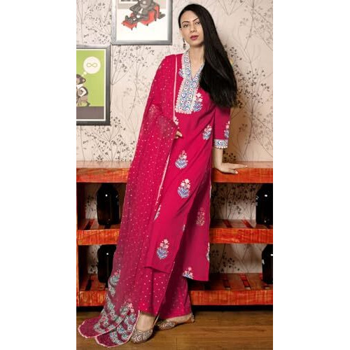 GoSriKi Women's Rayon Viscose Printed Straight Kurta with Pant & Dupatta (Belagavi Pink-GS_M_Pink_Medium)