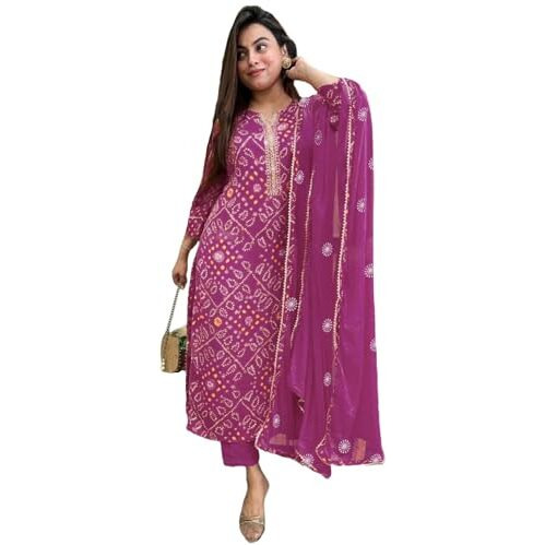 GoSriKi Women's Rayon Viscose Straight Bandhej Printed Kurta with Pant & Dupatta (Turae Purple-GS_L_Purple_Large)
