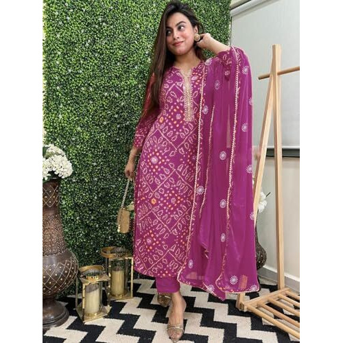 GoSriKi Women's Rayon Viscose Straight Bandhej Printed Kurta with Pant & Dupatta (Turae Purple-GS_L_Purple_Large)