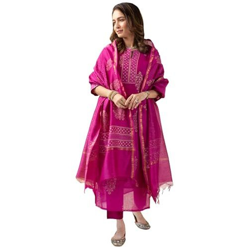 GoSriKi Women's Rayon Blend Straight Printed Kurta with Pant & Dupatta (MANGAI Pink-GS_4XL_Pink_XXXX-Large)