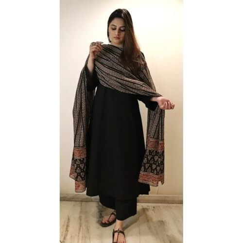 GoSriKi Women's Rayon Viscose Anarkali Solid Kurta with Pant & Dupatta (Avantika Black-GS_S_Black_Small)