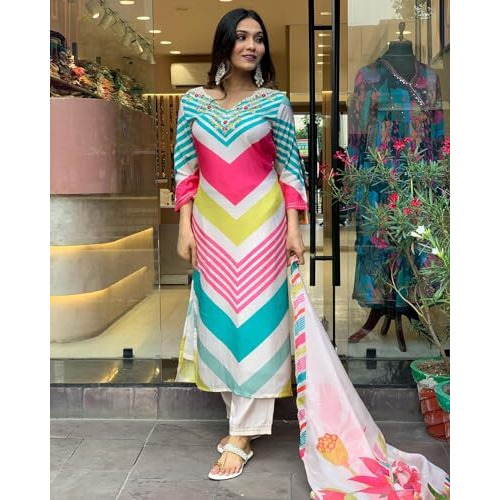 GoSriKi Women's Cotton Blend Straight Printed Kurta with Pant & Dupatta (Dhimi Pink-GS_L_Pink_Large)