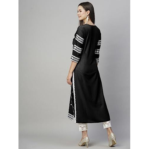 GoSriKi Women's Cotton Blend Embroidered Straight Kurta (Stho-Black-GS_XL_Black_X-Large)
