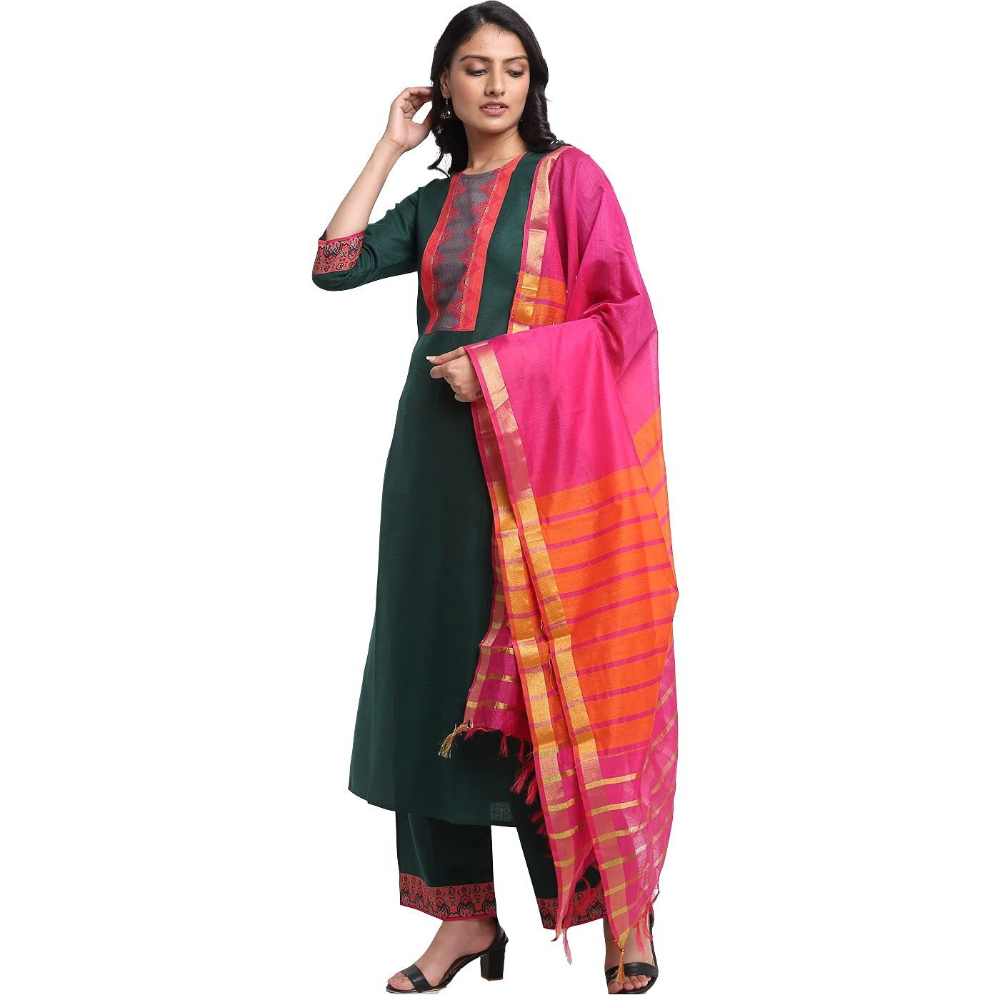 ANNI DESIGNER Women's Cotton Printed Straight Kurta with Palazzo & Dupatta (ANUPMA Green_M_Green_Medium)
