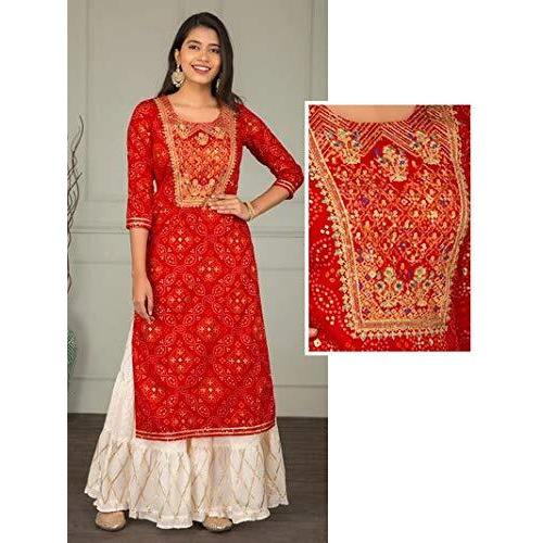 ANNI DESIGNER Womens Red Color Embroidery Bhandhani Kurta & Gold Printed Sharara