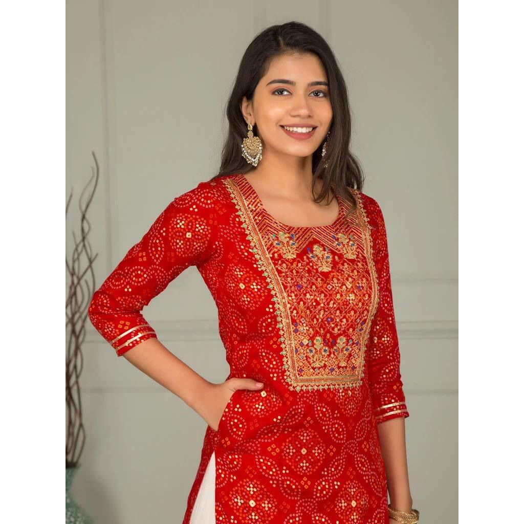 ANNI DESIGNER Womens Red Color Embroidery Bhandhani Kurta & Gold Printed Sharara