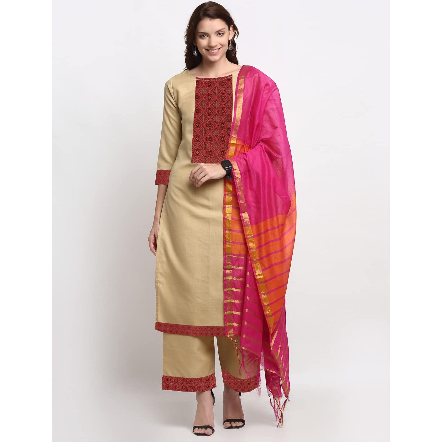 ANNI DESIGNER Women's Cotton Straight Kurta with Palazzo (RAVI Pink_S_Pink_Small)