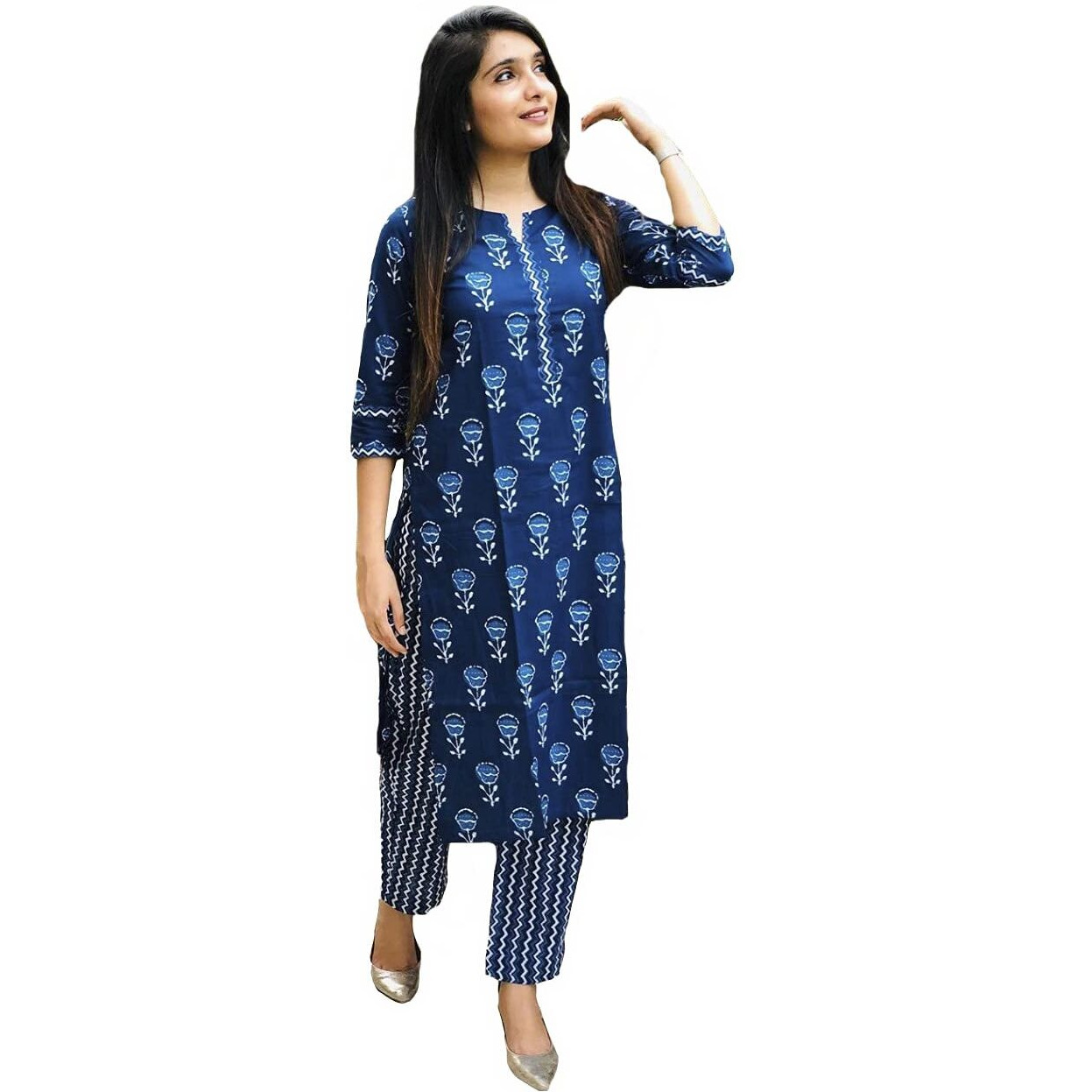 ANNI DESIGNER Women's Pure Cotton Flower Print Kurta with Palazzo (BLUE-FLOWER-01_SY_XXL)