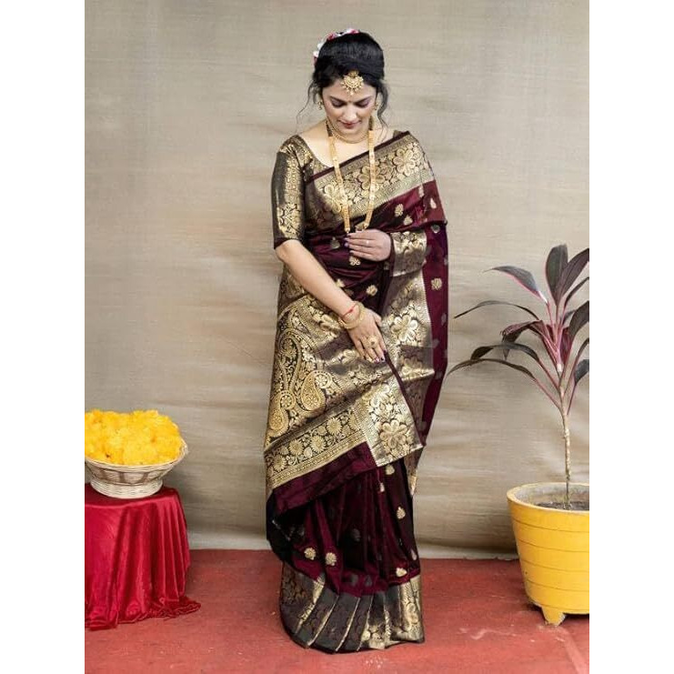 Yashika Women's Zari Woven Cotton Silk Jacquard Saree with Unstitched Blouse Material (AZ-YS-OG1-JYOTIKA Maroon