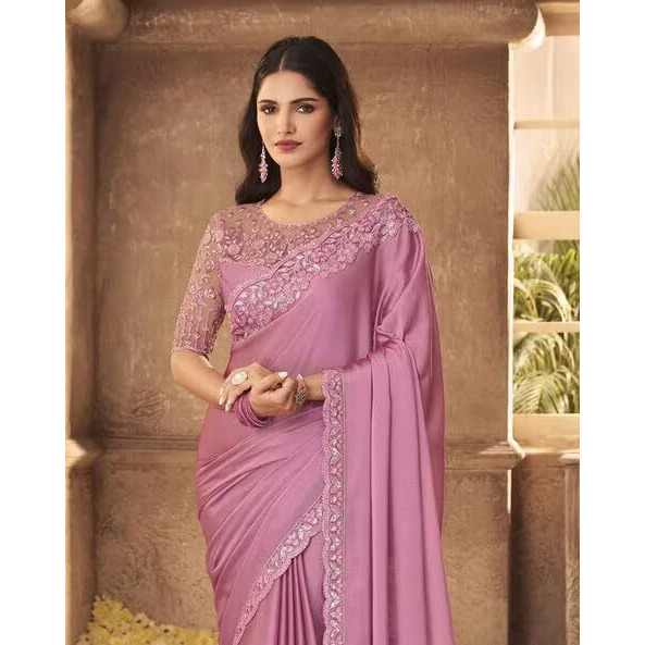 Yashika Woven Women's Silk Embroidered Heavy Border Saree with Unstitched Blouse Material (AZ-YS-OG-Belly Pink)