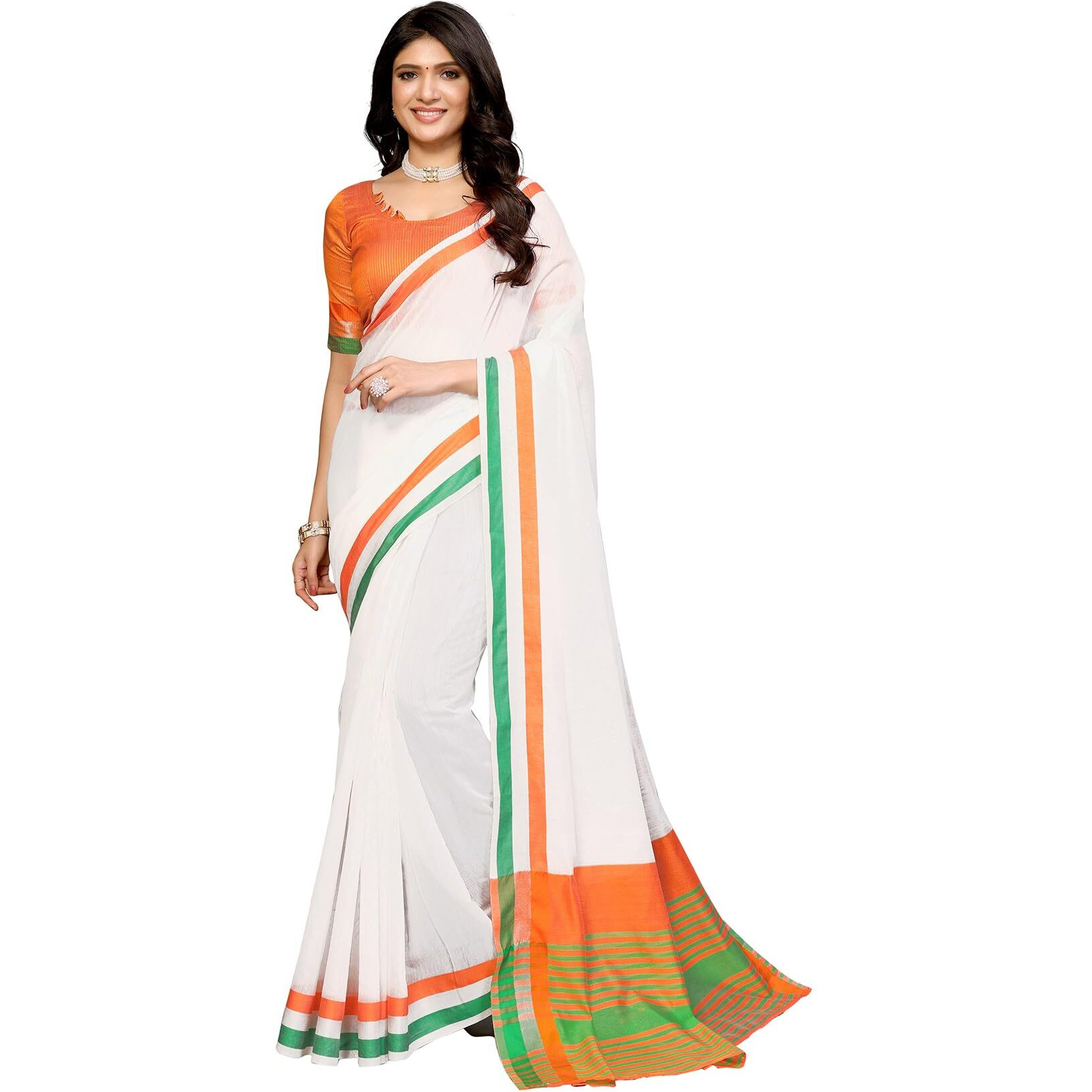 Yashika Women's Woven in Cotton Silk Fabric-Independence Day Tiranaga Flag Saree with Unstitched Blouse Material (AZ-YS-P1-FLAG Plain Tricolor), Multicolor