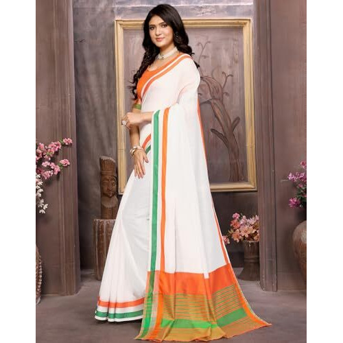 Yashika Women's Woven in Cotton Silk Fabric-Independence Day Tiranaga Flag Saree with Unstitched Blouse Material (AZ-YS-P1-FLAG Plain Tricolor), Multicolor
