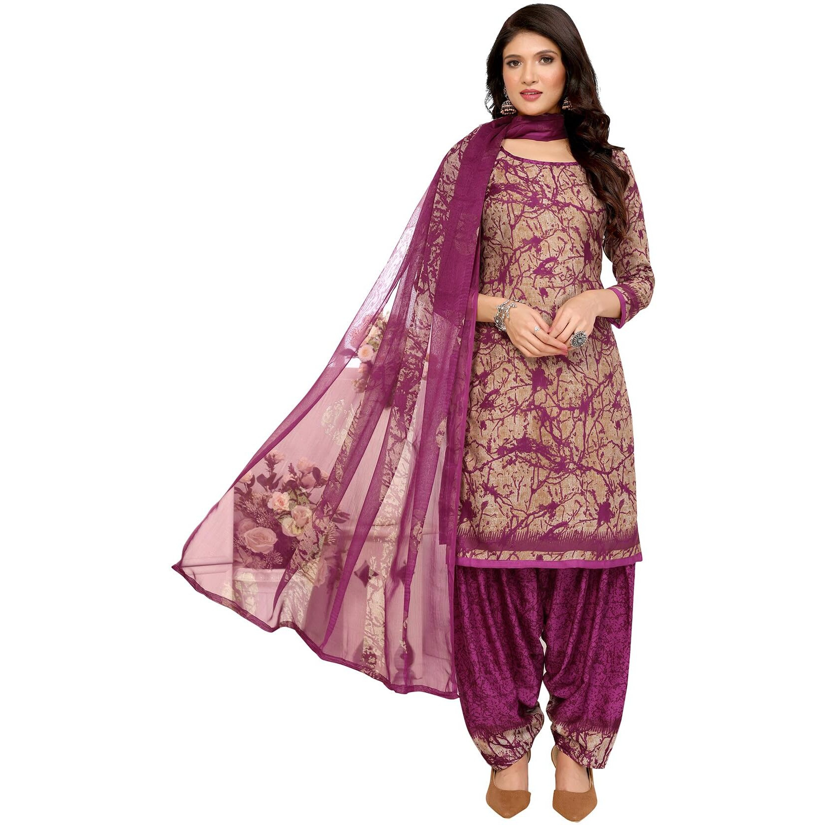 Yashika Women's Printed Dress Material - Unstitched Crepe Fabric Kurti, Pants & Dupatta Set (AZ-YS-P1-ADDA WINE)