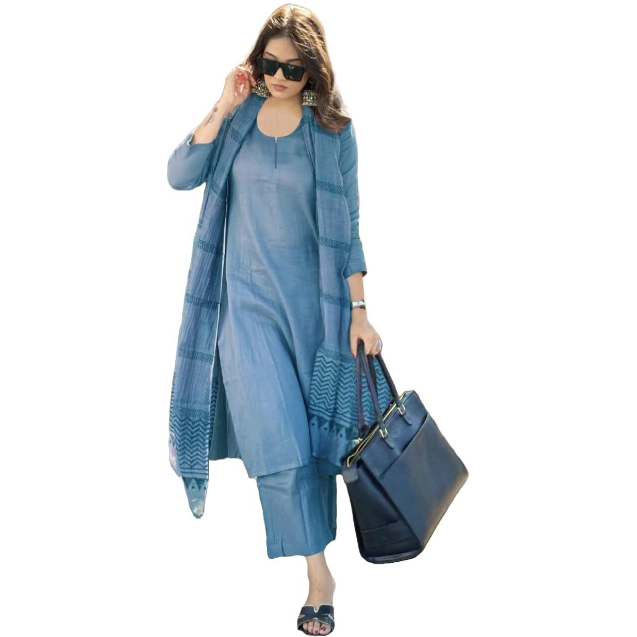 ANNI DESIGNER Women's Rayon Blend Straight Solid Kurta with Pant & Dupatta (Raja Saab Light Blue_XL_Light Blue_X-Large)