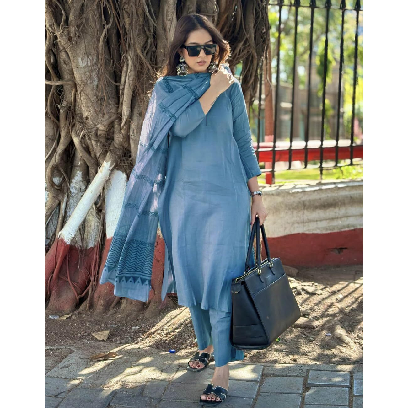 ANNI DESIGNER Women's Rayon Blend Straight Solid Kurta with Pant & Dupatta (Raja Saab Light Blue_XL_Light Blue_X-Large)