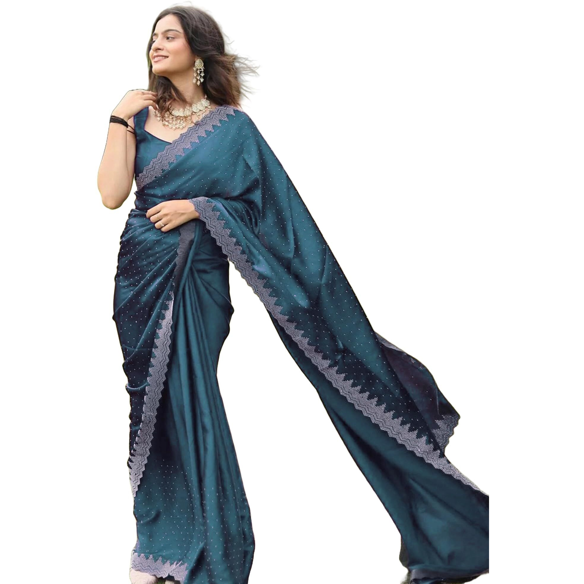 Yashika Women's Hot Fix Solid Color Satin Moss Saree with Unstitched Blouse Material (AZ-YS-OG1-PINTU-Parent_Rama)
