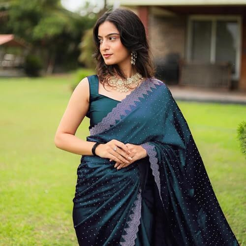 Yashika Women's Hot Fix Solid Color Satin Moss Saree with Unstitched Blouse Material (AZ-YS-OG1-PINTU-Parent_Rama)