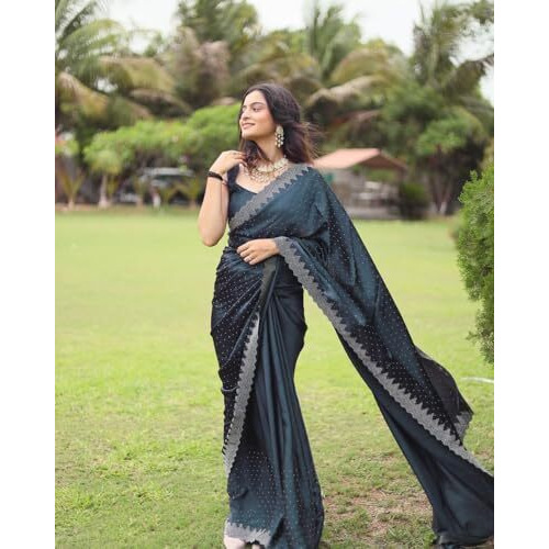 Yashika Women's Hot Fix Solid Color Satin Moss Saree with Unstitched Blouse Material (AZ-YS-OG1-PINTU-Parent_Rama)