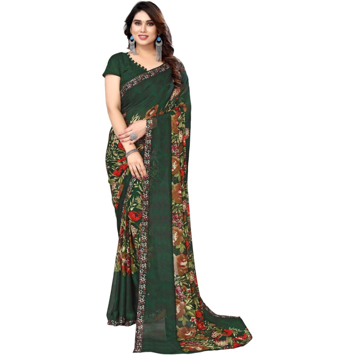 Yashika Women's Printed Trendy Georgette Green Color Saree With Blouse Material(POWER GREEN)