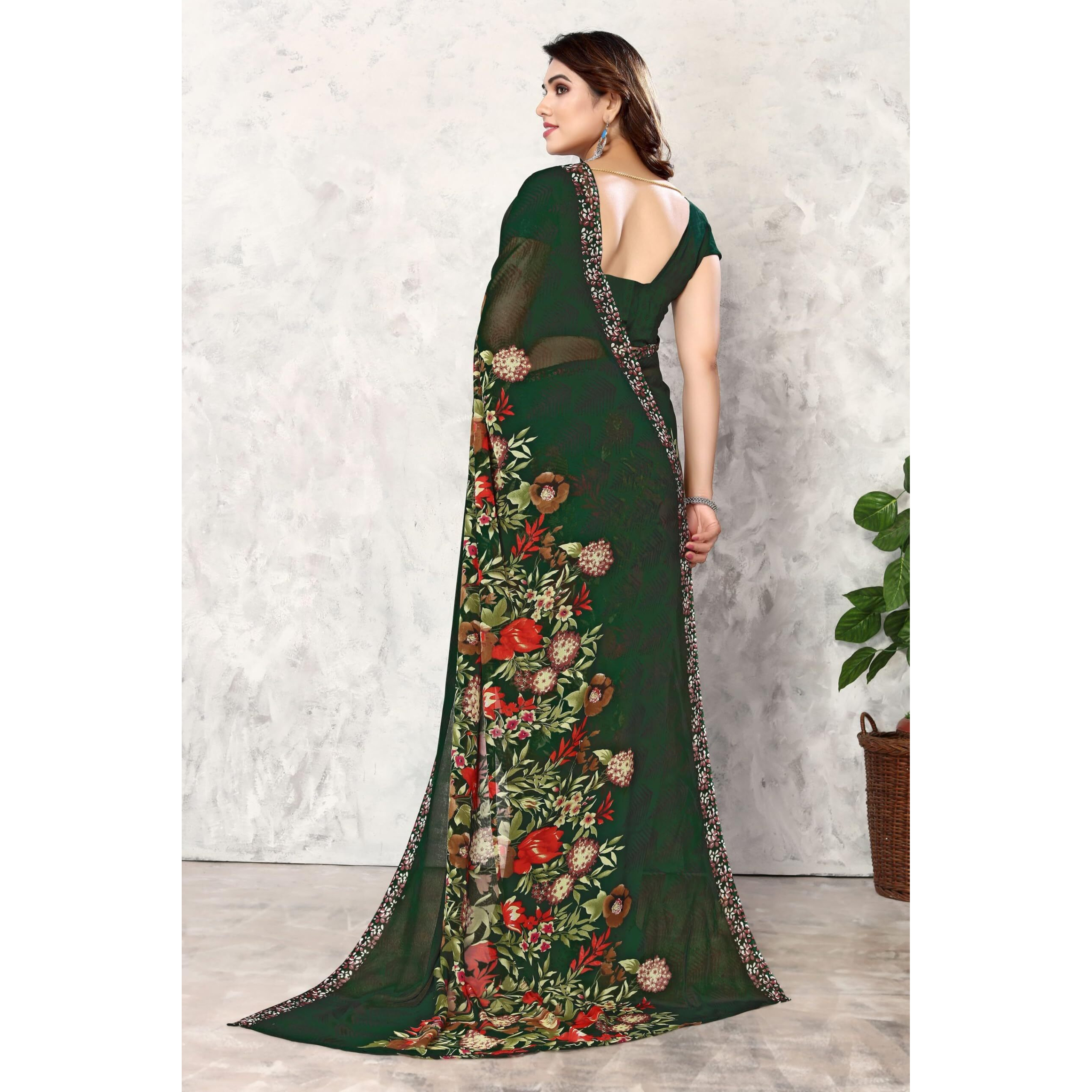 Yashika Women's Printed Trendy Georgette Green Color Saree With Blouse Material(POWER GREEN)