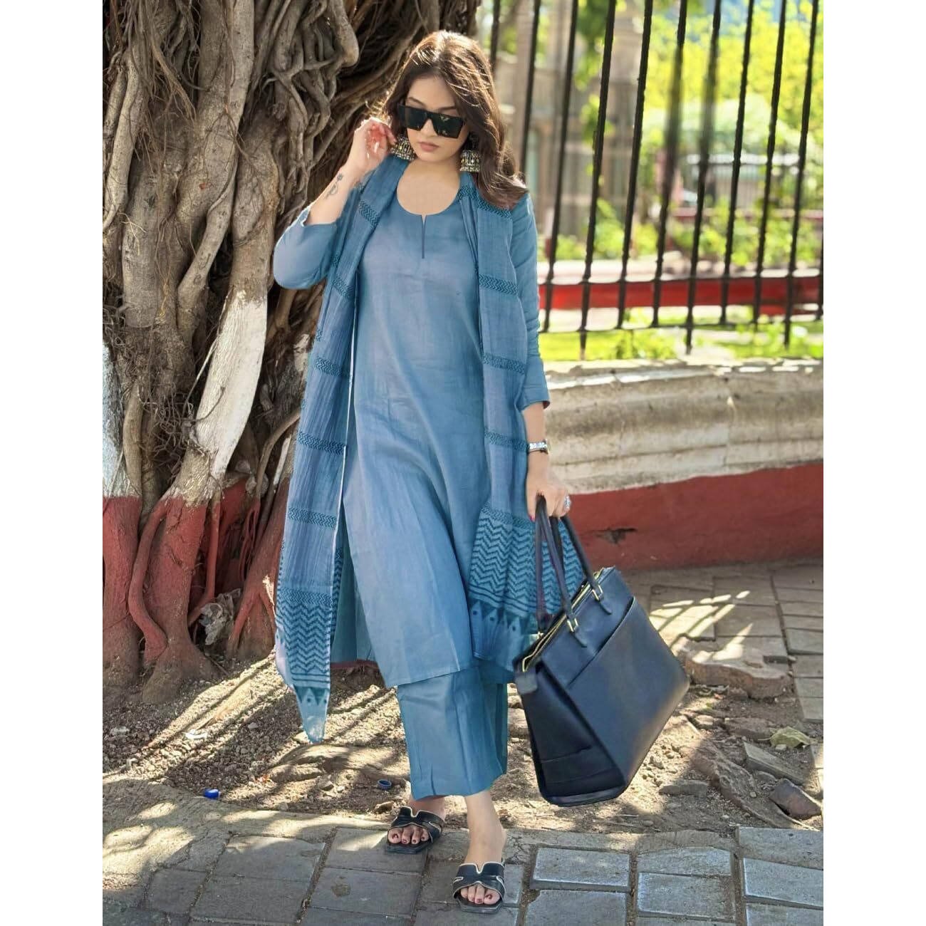 ANNI DESIGNER Women's Rayon Blend Straight Solid Kurta with Pant & Dupatta (Raja Saab Light Blue_S_Light Blue_Small)