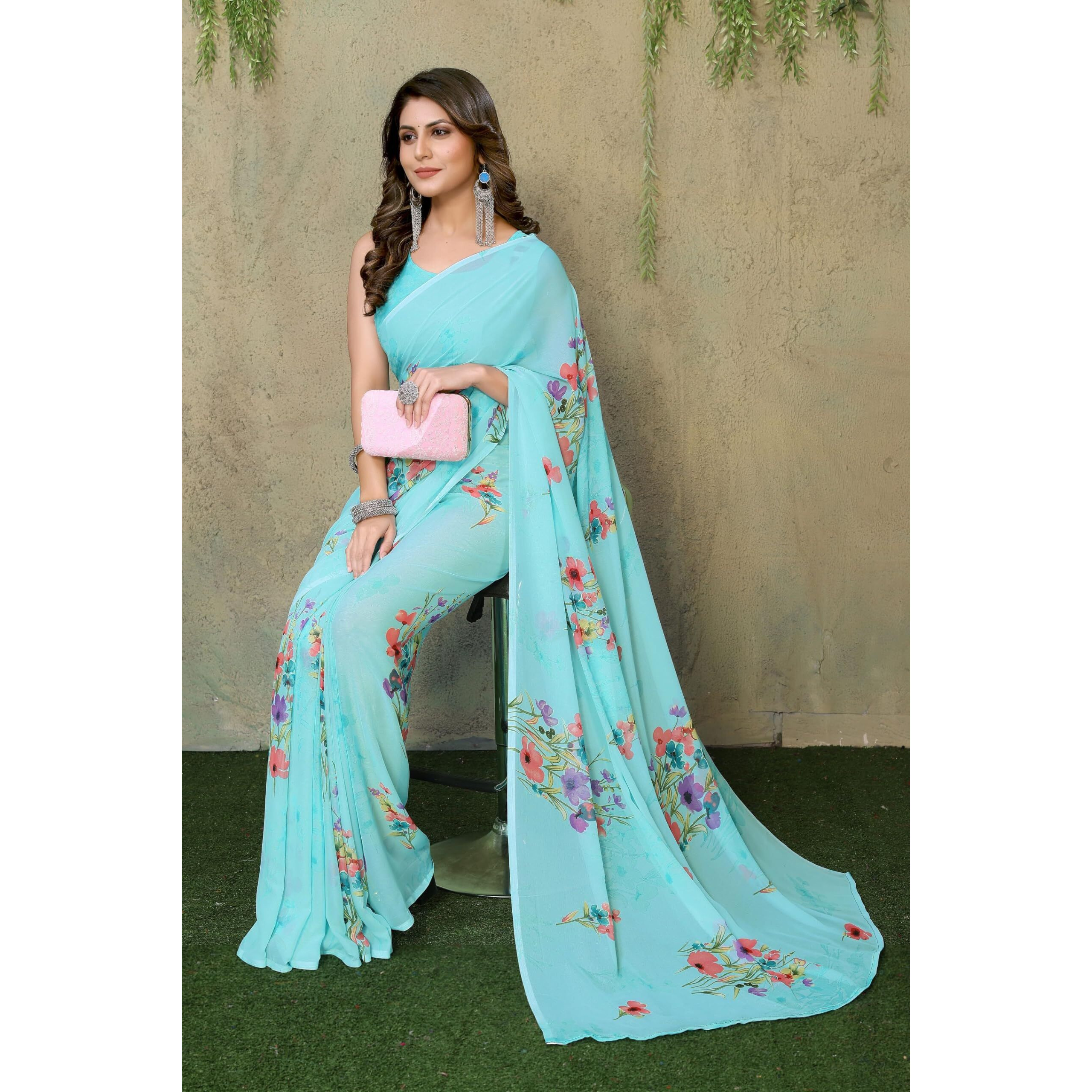 Yashika Women's Trendy Printed Georgette Sky Blue Color Saree with Blouse Material(VINITA SKY BLUE)